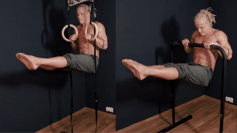 Athlete demonstrates a straight-arm ring support hold and parallel-bar variation